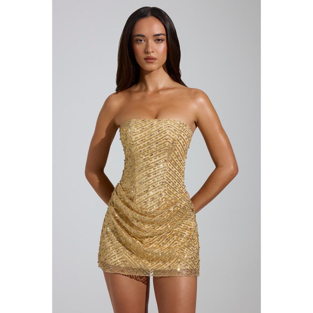 Oh Polly Embellished Bandeau A-Line Mini Dress in Gold 6